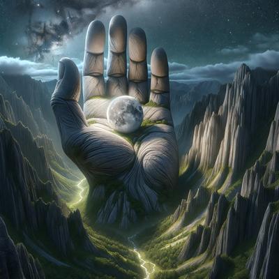 The primary subject of the image is a hand holding a moon. The hand is positioned in the foreground, and the moon is placed in the middle of the hand. The setting is a mountainous landscape, with the hand and moon being the main focus of the scene. The visual style is a digital art or illustration, creating a surreal and imaginative atmosphere. The colors are predominantly dark, with the hand and moon being the main sources of light, giving the image a moody and dramatic feel.